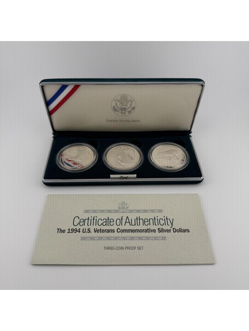 1994 US Mint U.S. Veterans Commemorative Silver Dollar 3 Coin Uncirc. Set COA